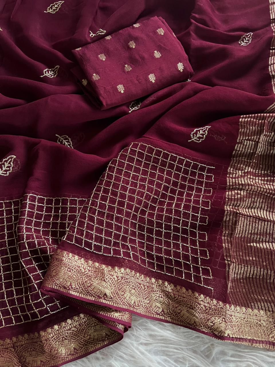 Attractive Festive Wear Pure Viscose Georgette Semi Box Embroidery Design With Elephant Weaving Border Saree