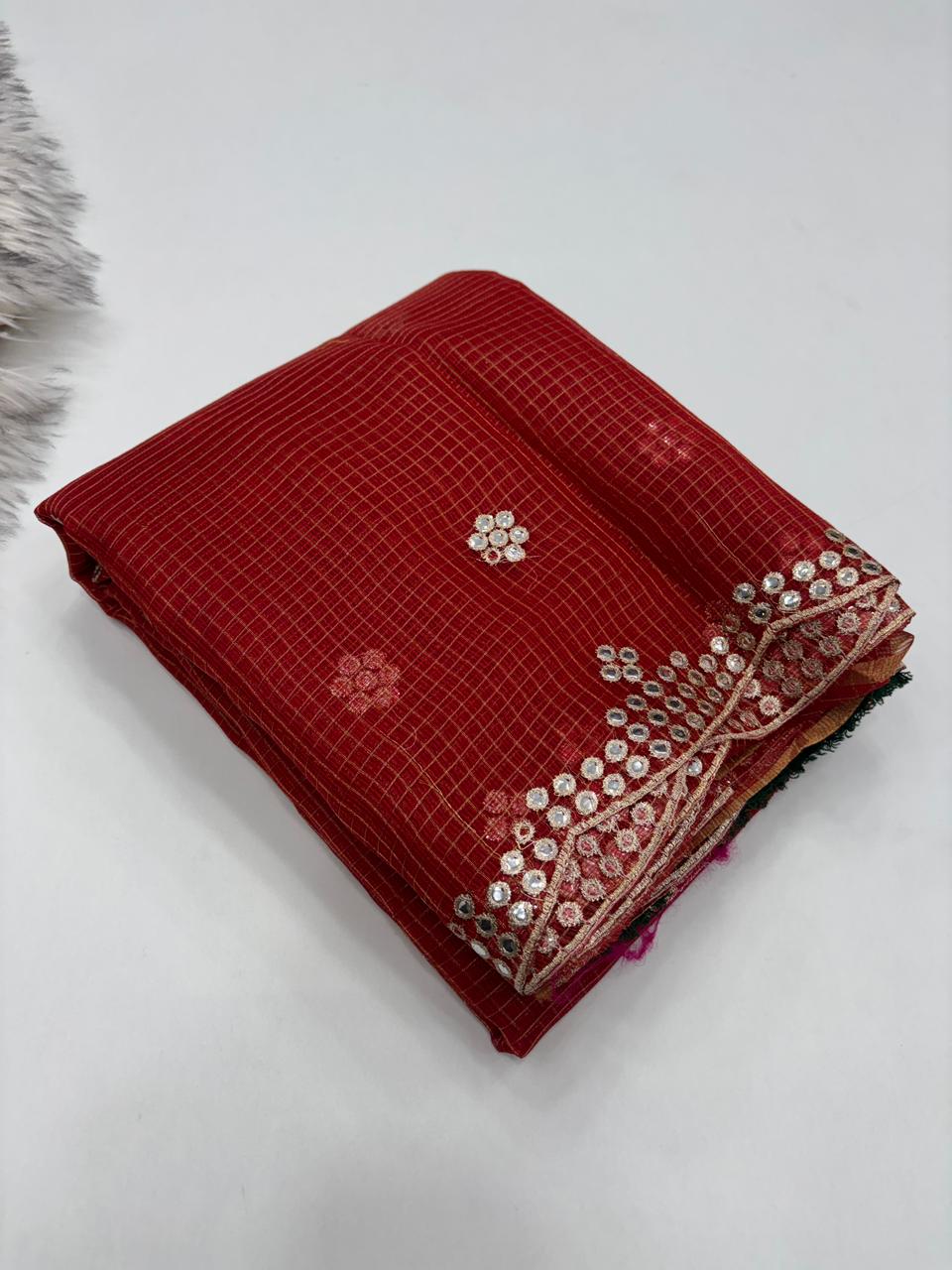 Luxuriant Party Wear Pure Kota Chex Design Embroidery Paper Work Fancy Designer Saree With Blouse Piece