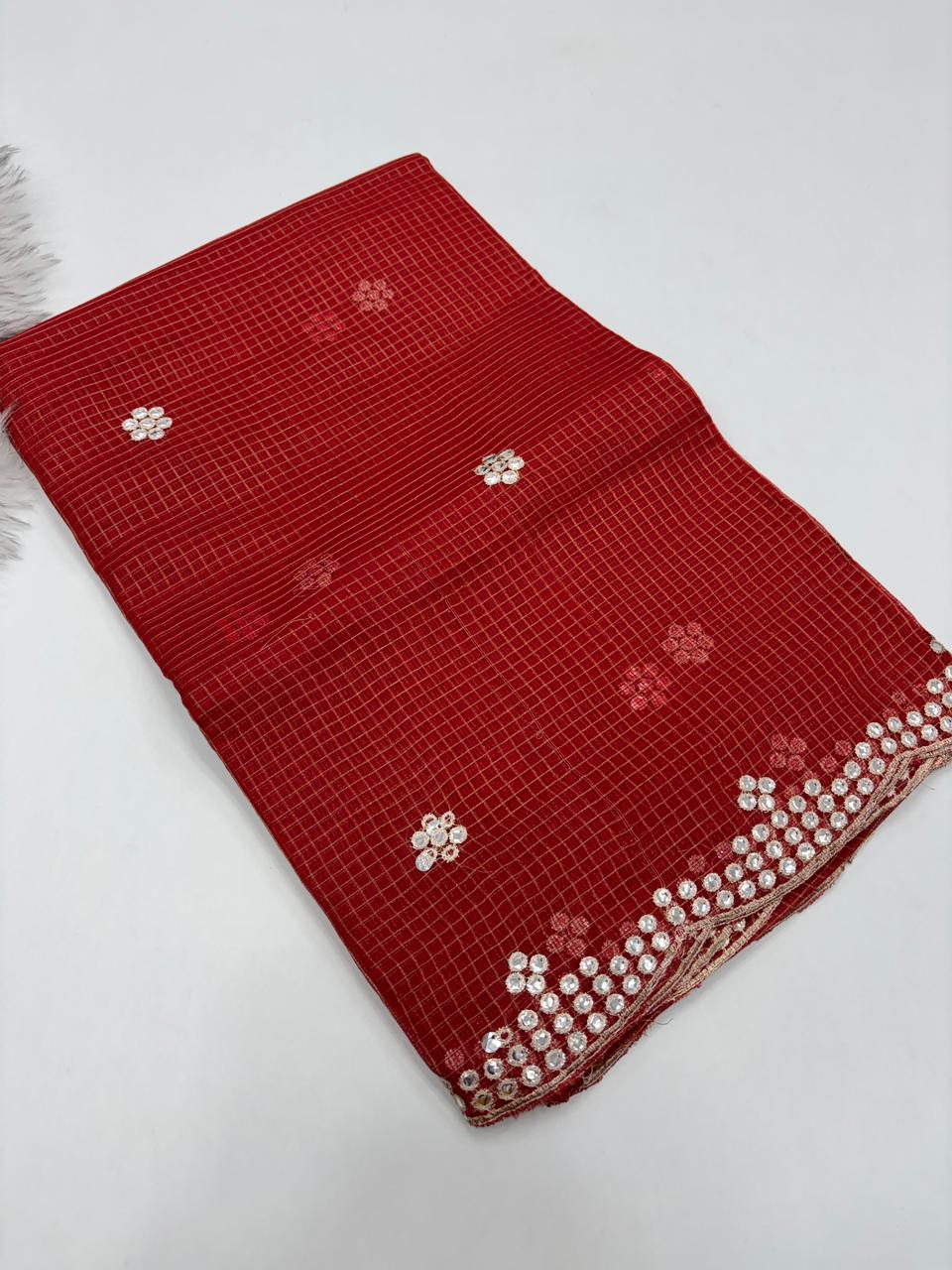 Luxuriant Party Wear Pure Kota Chex Design Embroidery Paper Work Fancy Designer Saree With Blouse Piece