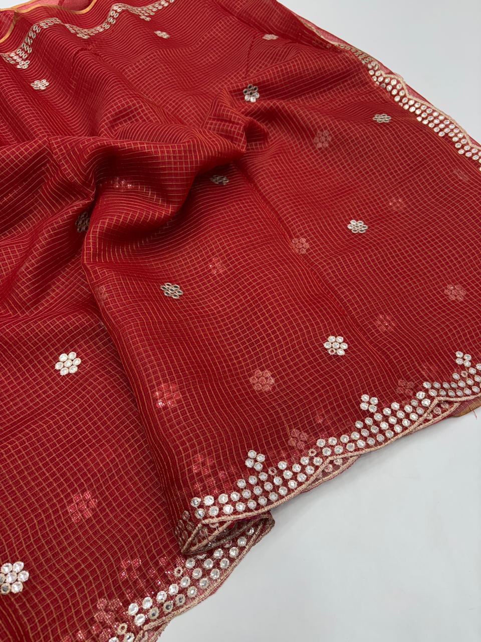 Luxuriant Party Wear Pure Kota Chex Design Embroidery Paper Work Fancy Designer Saree With Blouse Piece