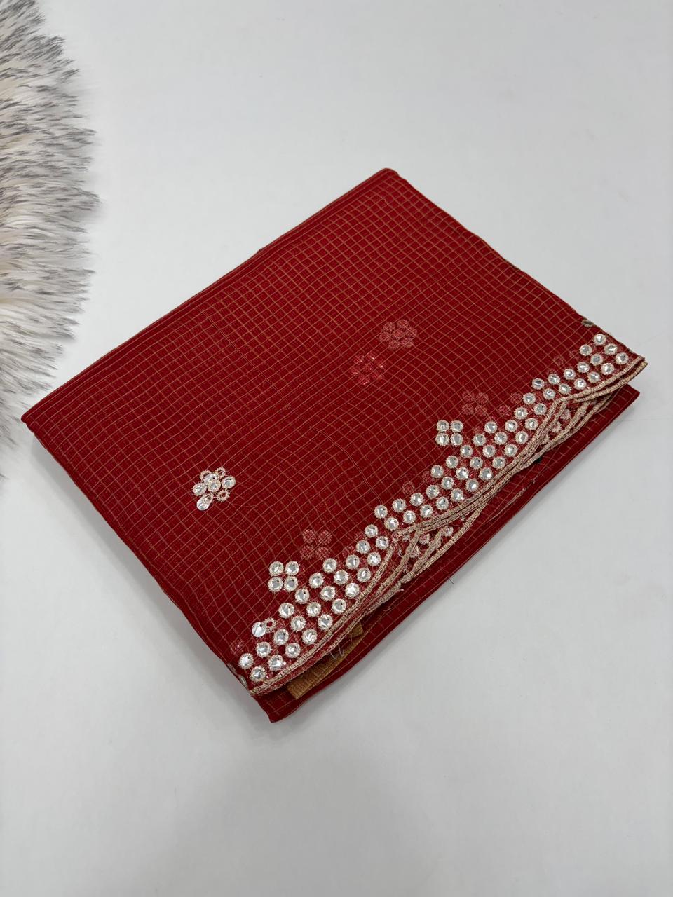 Luxuriant Party Wear Pure Kota Chex Design Embroidery Paper Work Fancy Designer Saree With Blouse Piece
