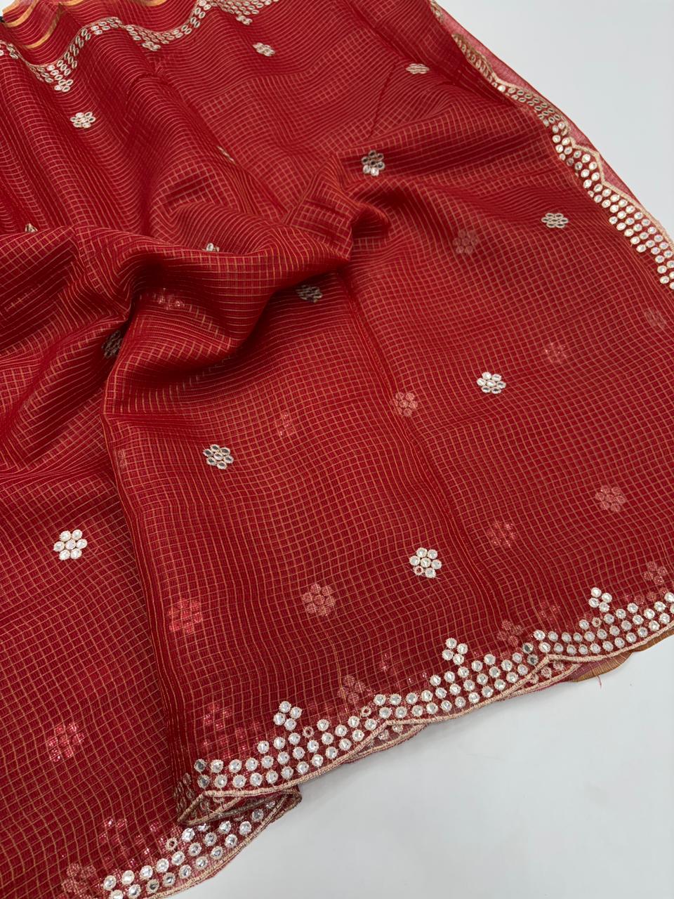 Luxuriant Party Wear Pure Kota Chex Design Embroidery Paper Work Fancy Designer Saree With Blouse Piece