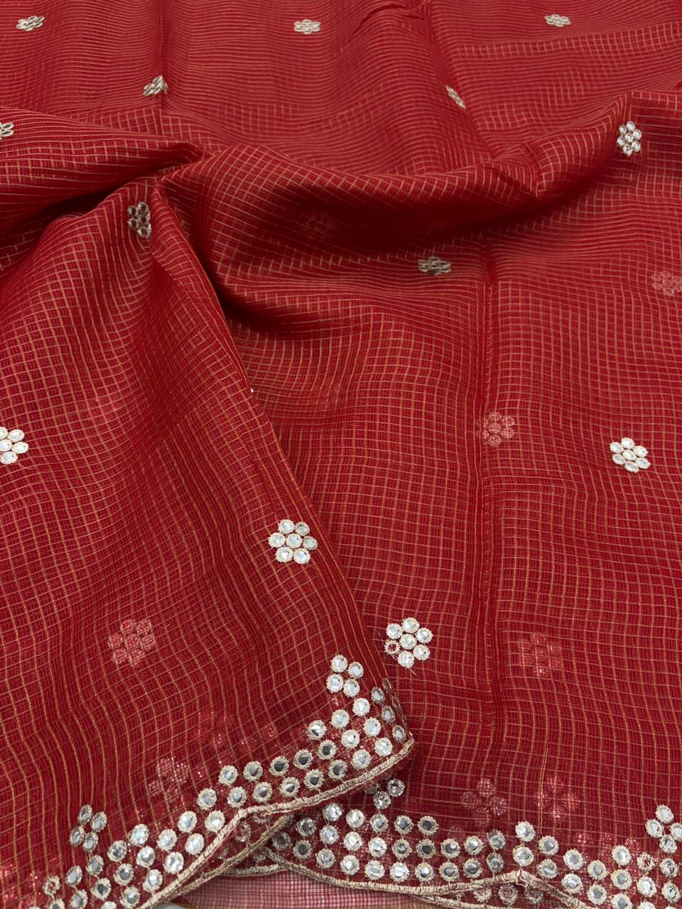 Luxuriant Party Wear Pure Kota Chex Design Embroidery Paper Work Fancy Designer Saree With Blouse Piece