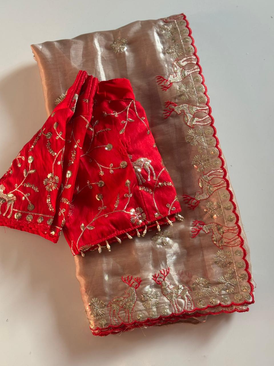 Contemporary Wedding Wear Satin Silk Sequence n Cut Work Embroidery Border Designer Saree With Unstitched Blouse Piece