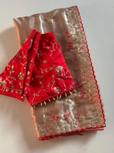 Load image into Gallery viewer, Contemporary Wedding Wear Satin Silk Sequence n Cut Work Embroidery Border Designer Saree With Unstitched Blouse Piece
