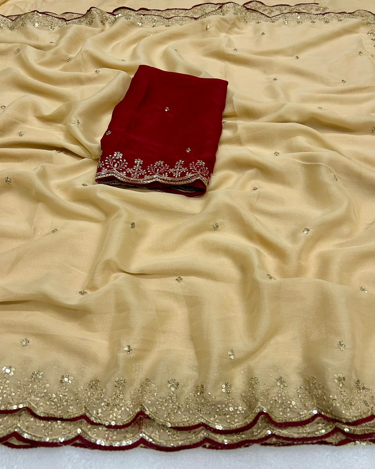 Opulent Wedding Wear Georgette Sequence Work Designer Saree With Contrast Blouse Piece