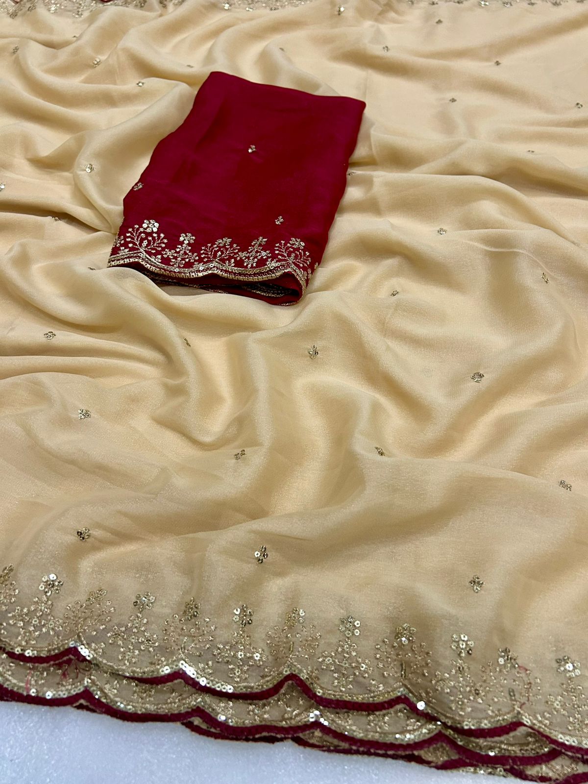 Opulent Wedding Wear Georgette Sequence Work Designer Saree With Contrast Blouse Piece