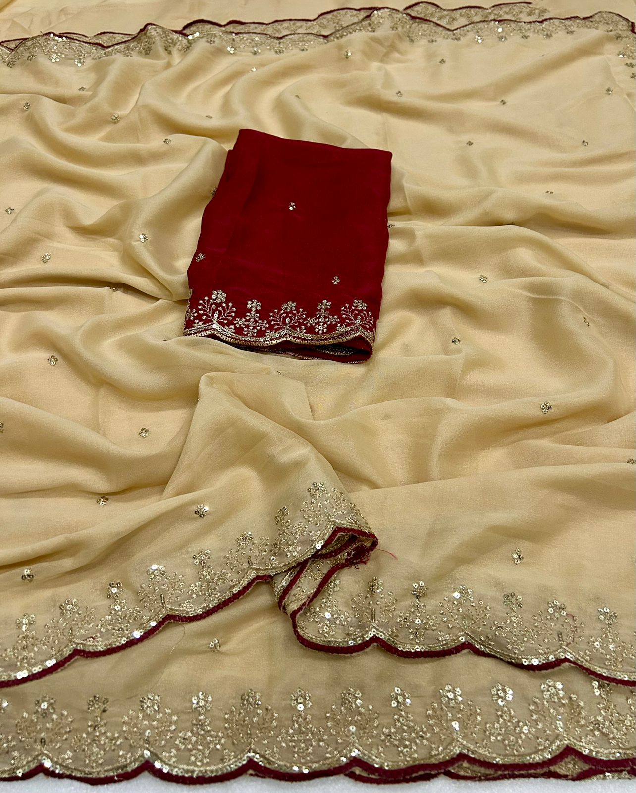 Opulent Wedding Wear Georgette Sequence Work Designer Saree With Contrast Blouse Piece