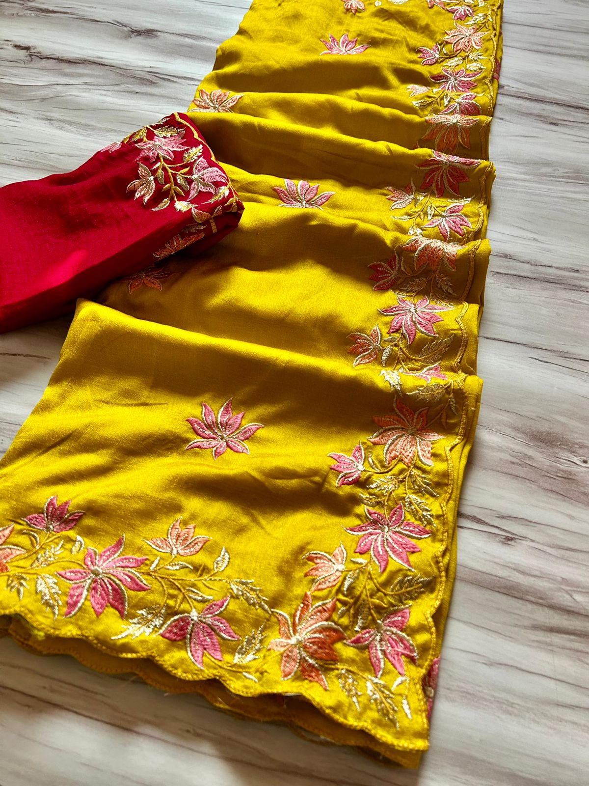 Magnificat Function Wear Vichitra Silk Embroidery Multi Work n Flower Design Saree With Contrast Blouse Piece
