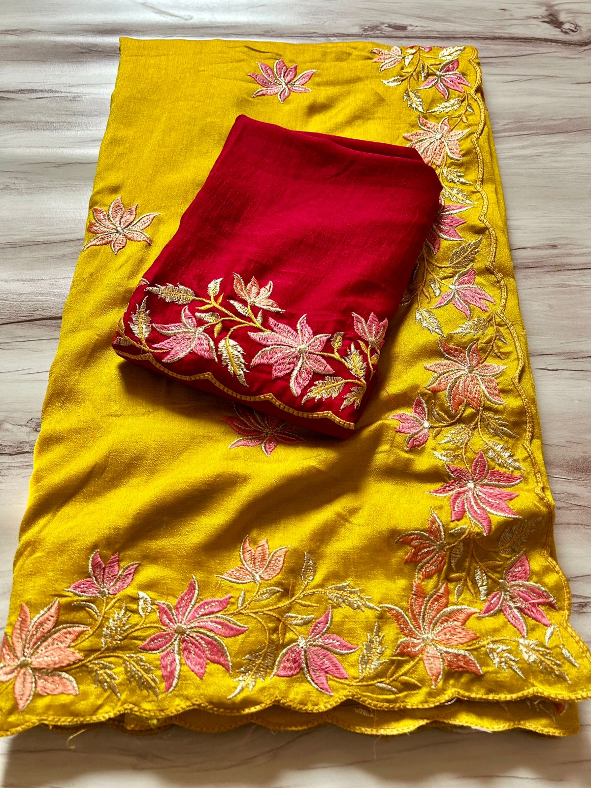 Magnificat Function Wear Vichitra Silk Embroidery Multi Work n Flower Design Saree With Contrast Blouse Piece