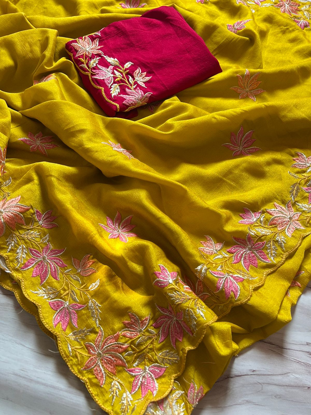Magnificat Function Wear Vichitra Silk Embroidery Multi Work n Flower Design Saree With Contrast Blouse Piece