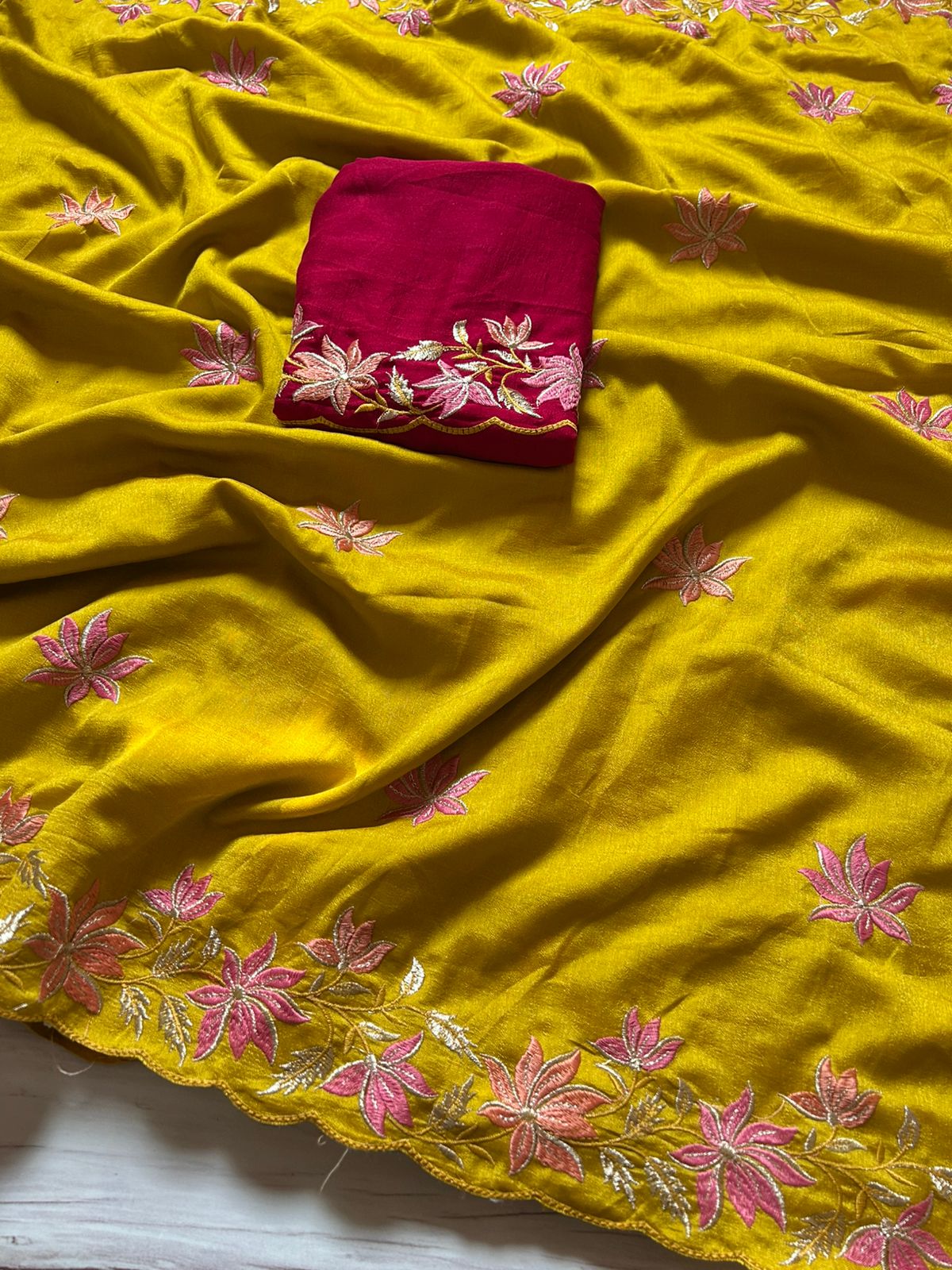 Magnificat Function Wear Vichitra Silk Embroidery Multi Work n Flower Design Saree With Contrast Blouse Piece