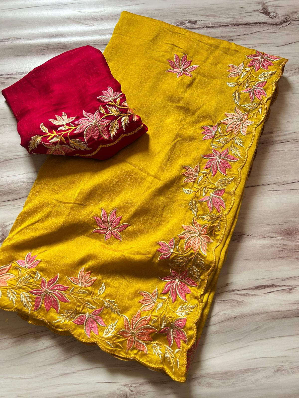 Magnificat Function Wear Vichitra Silk Embroidery Multi Work n Flower Design Saree With Contrast Blouse Piece