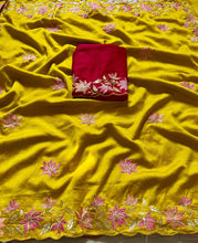 Load image into Gallery viewer, Magnificat Function Wear Vichitra Silk Embroidery Multi Work n Flower Design Saree With Contrast Blouse Piece
