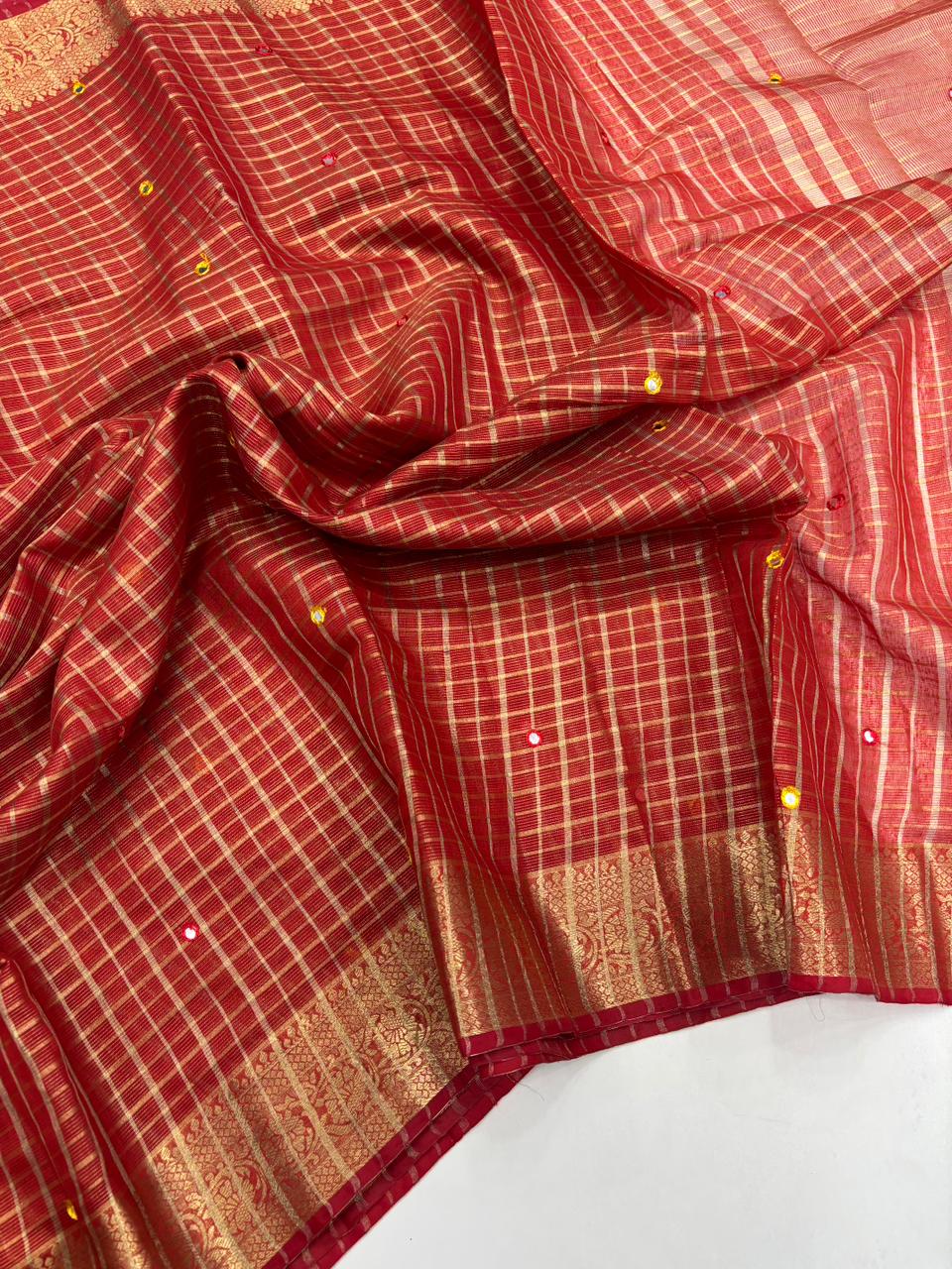 Scrupulous Festive Pure Kota Chex Design Embroidery Paper Work Jacquard Border Designer Saree With Blouse Piece