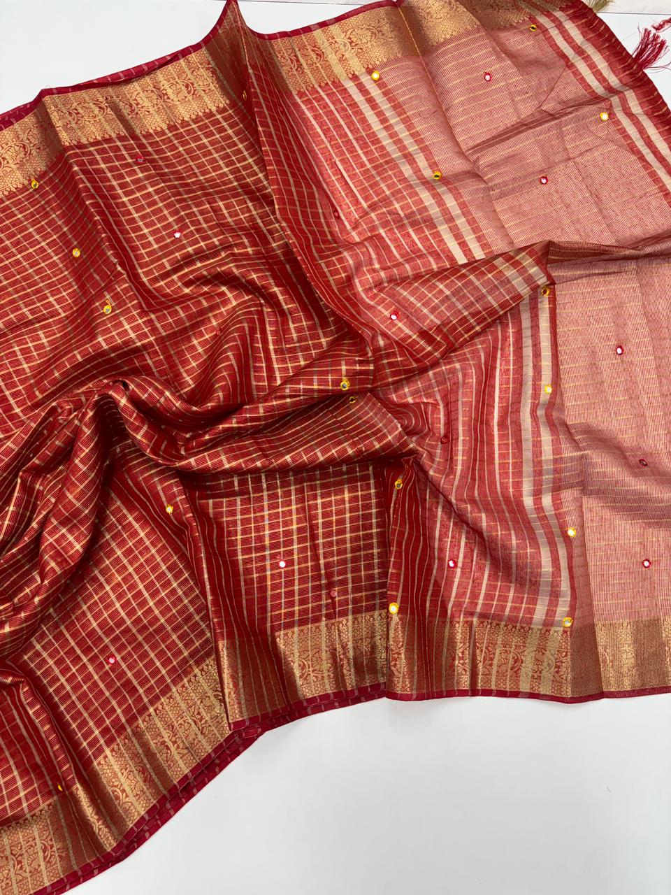 Scrupulous Festive Pure Kota Chex Design Embroidery Paper Work Jacquard Border Designer Saree With Blouse Piece