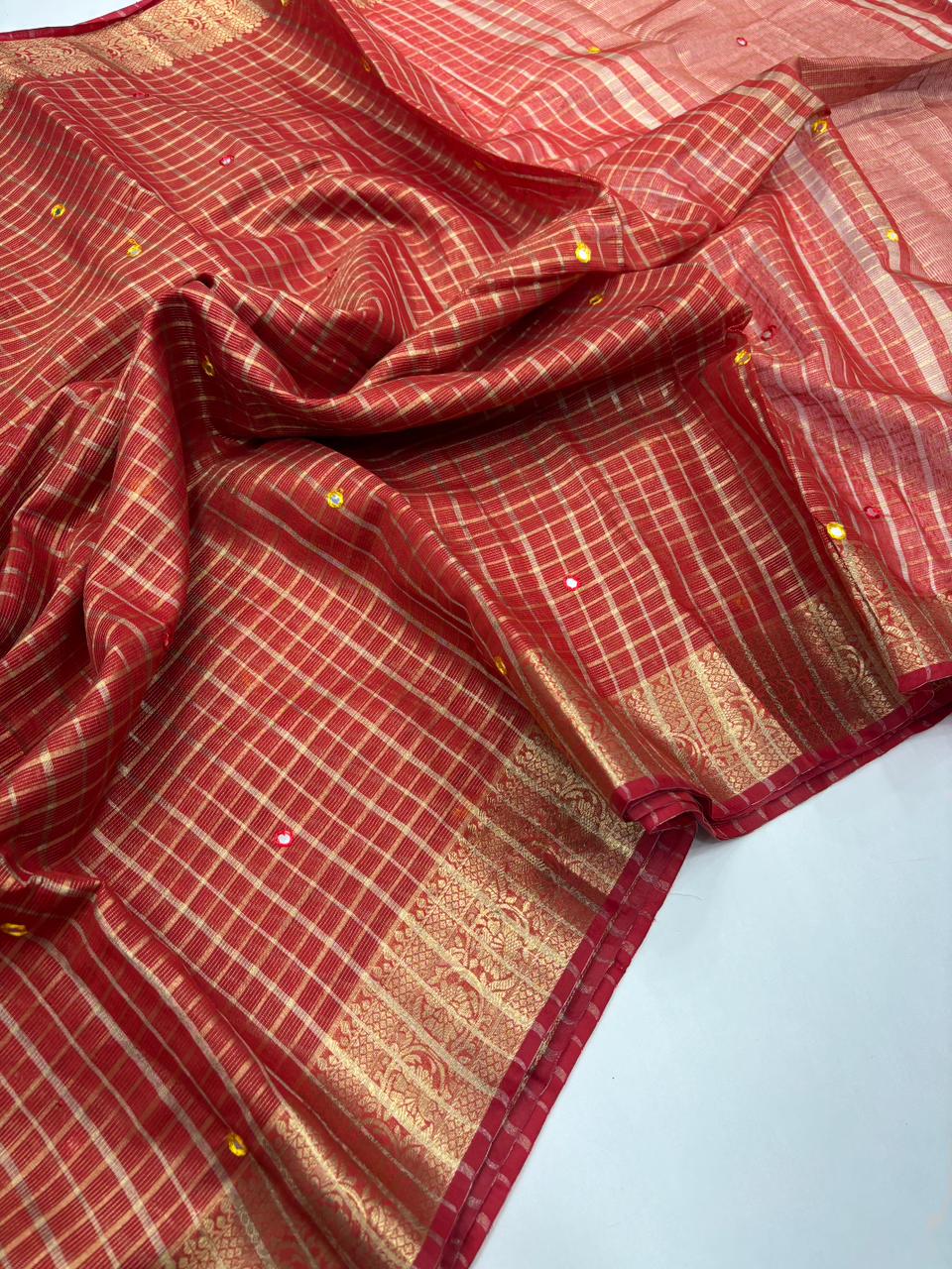 Scrupulous Festive Pure Kota Chex Design Embroidery Paper Work Jacquard Border Designer Saree With Blouse Piece