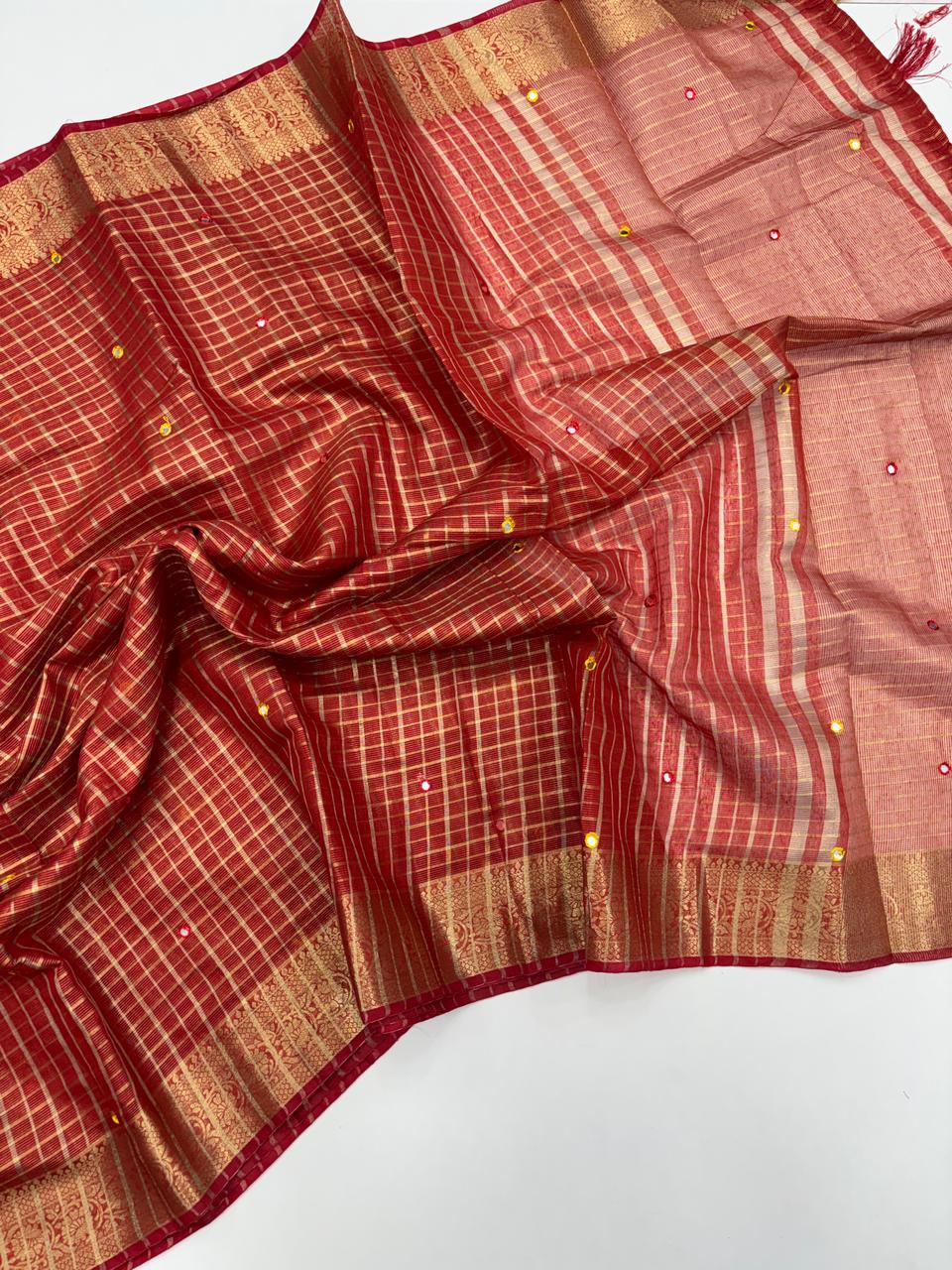 Scrupulous Festive Pure Kota Chex Design Embroidery Paper Work Jacquard Border Designer Saree With Blouse Piece