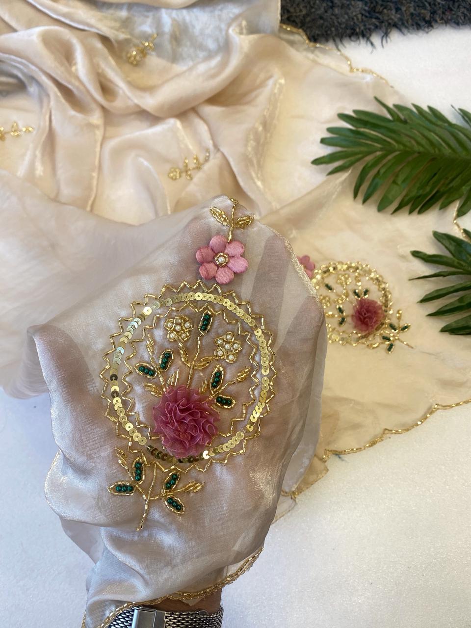 Fantabulous Party Wear Golden Colour Soft Silk Handwork Rose Butta Fancy Designer Saree For Women