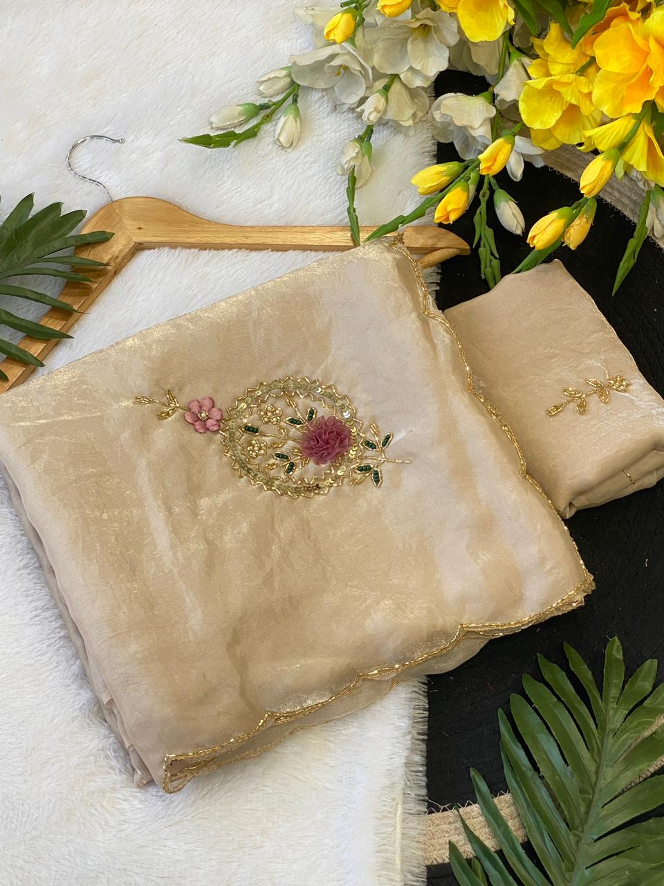 Fantabulous Party Wear Golden Colour Soft Silk Handwork Rose Butta Fancy Designer Saree For Women
