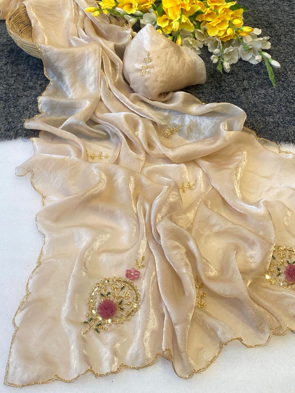 Fantabulous Party Wear Golden Colour Soft Silk Handwork Rose Butta Fancy Designer Saree For Women