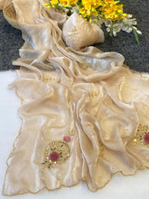 Load image into Gallery viewer, Fantabulous Party Wear Golden Colour Soft Silk Handwork Rose Butta Fancy Designer Saree For Women
