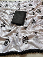 Load image into Gallery viewer, Luxury Function Wear Pure Chinnon Silk Beautiful Heavy Embroidery Work n Lace Border Fancy Saree With Contrast Blouse Piece
