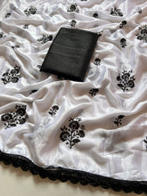 Load image into Gallery viewer, Luxury Function Wear Pure Chinnon Silk Beautiful Heavy Embroidery Work n Lace Border Fancy Saree With Contrast Blouse Piece
