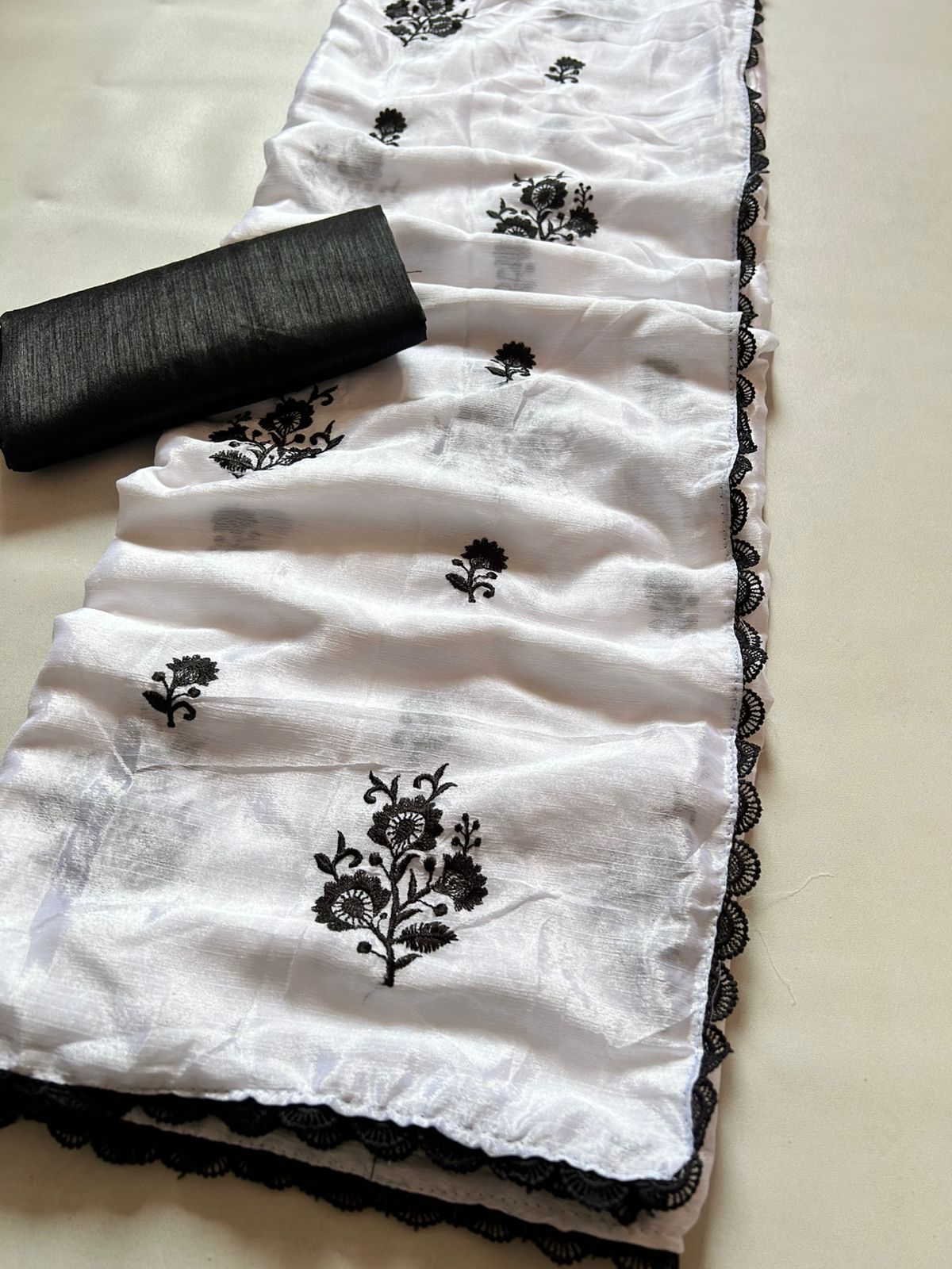 Luxury Function Wear Pure Chinnon Silk Beautiful Heavy Embroidery Work n Lace Border Fancy Saree With Contrast Blouse Piece