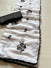 Load image into Gallery viewer, Luxury Function Wear Pure Chinnon Silk Beautiful Heavy Embroidery Work n Lace Border Fancy Saree With Contrast Blouse Piece
