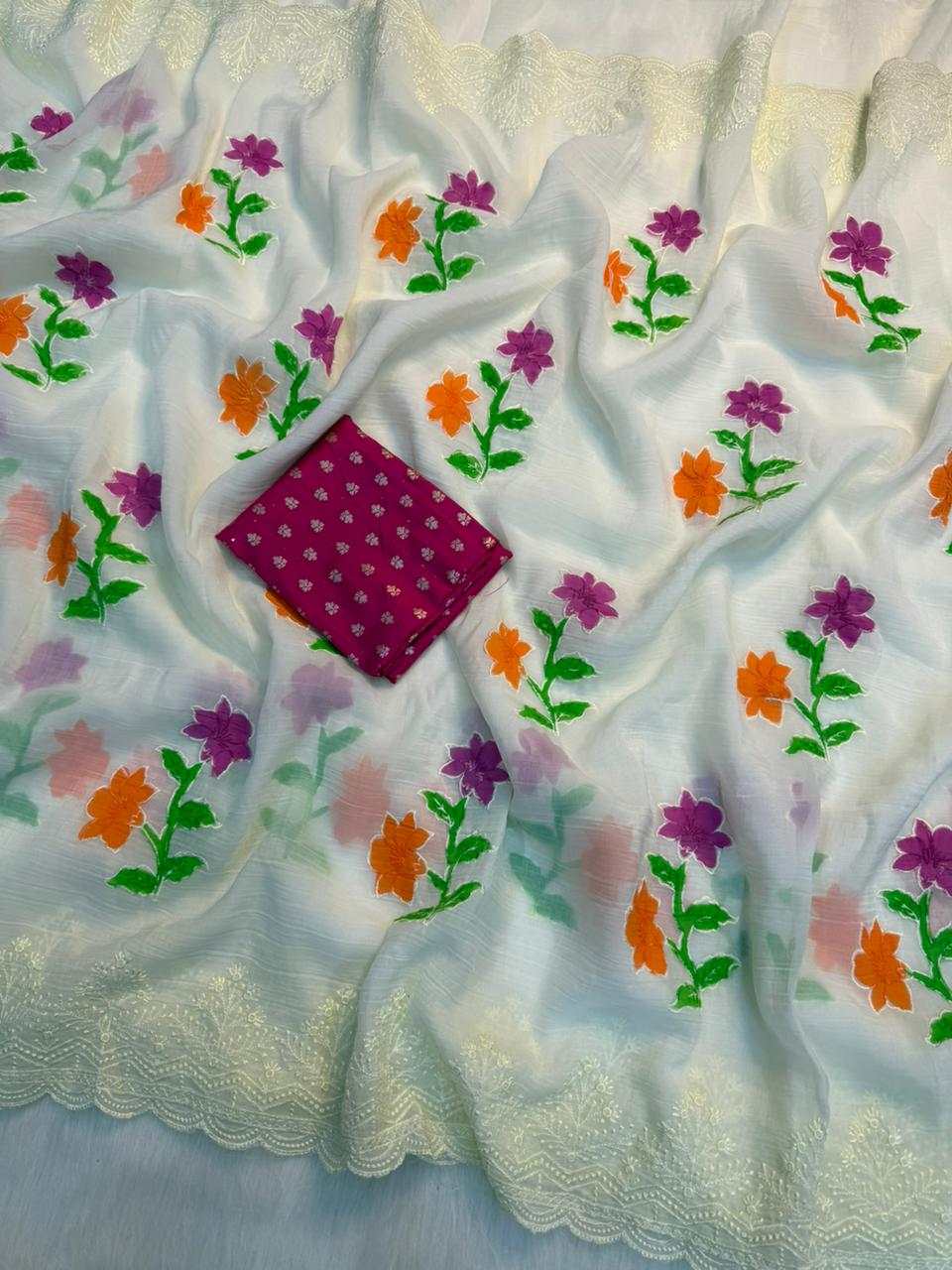 Charismatic Wedding Wear Soft Crunchy Silk Embroidery Thread Matching Work Saree With Contrast Blouse Piece