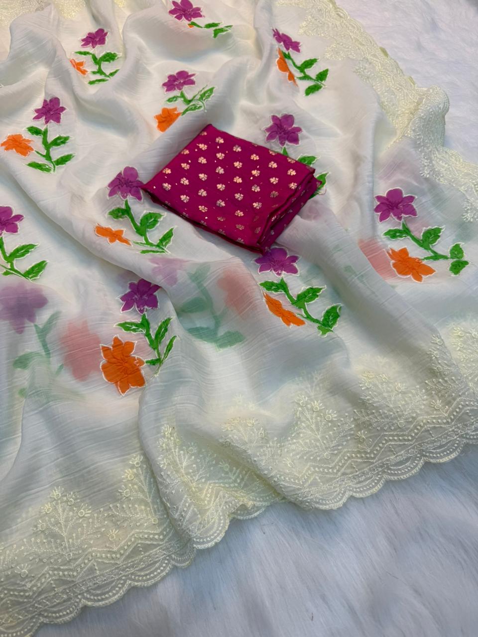 Charismatic Wedding Wear Soft Crunchy Silk Embroidery Thread Matching Work Saree With Contrast Blouse Piece