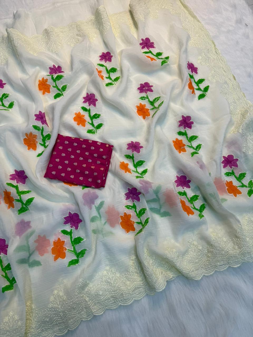 Charismatic Wedding Wear Soft Crunchy Silk Embroidery Thread Matching Work Saree With Contrast Blouse Piece