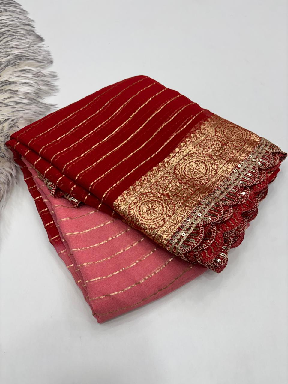 Marvellous Wedding Wear Red n Peach Pedding Color Viscose Georgette Jacquard Weaving Work Lace Border Designer Saree
