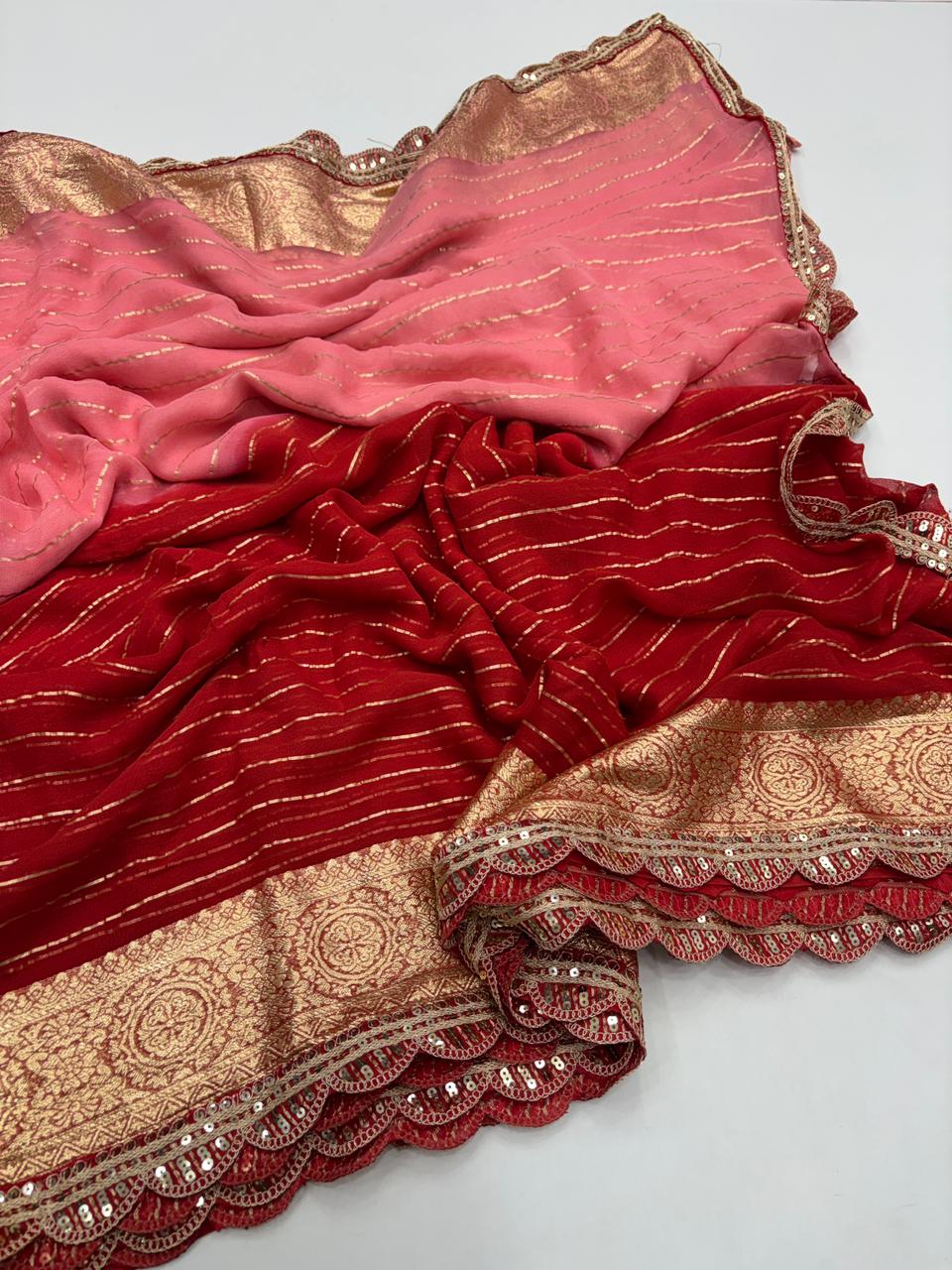 Marvellous Wedding Wear Red n Peach Pedding Color Viscose Georgette Jacquard Weaving Work Lace Border Designer Saree