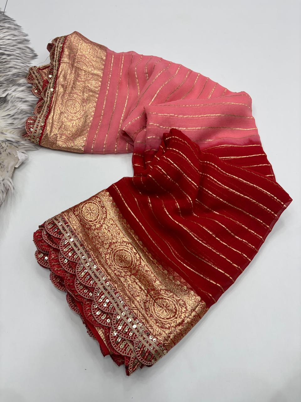 Marvellous Wedding Wear Red n Peach Pedding Color Viscose Georgette Jacquard Weaving Work Lace Border Designer Saree