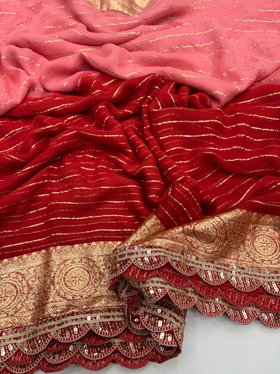 Marvellous Wedding Wear Red n Peach Pedding Color Viscose Georgette Jacquard Weaving Work Lace Border Designer Saree
