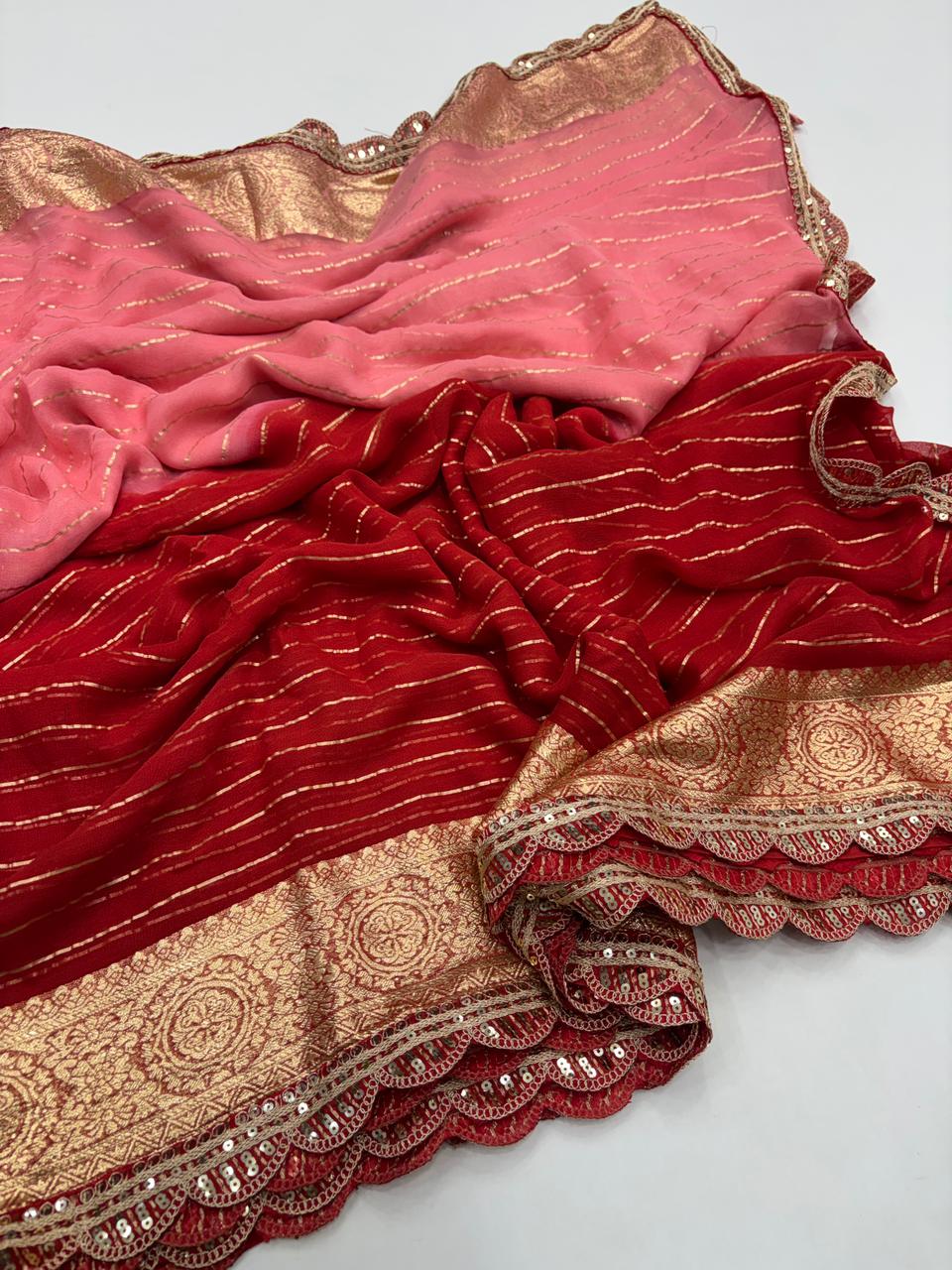 Marvellous Wedding Wear Red n Peach Pedding Color Viscose Georgette Jacquard Weaving Work Lace Border Designer Saree