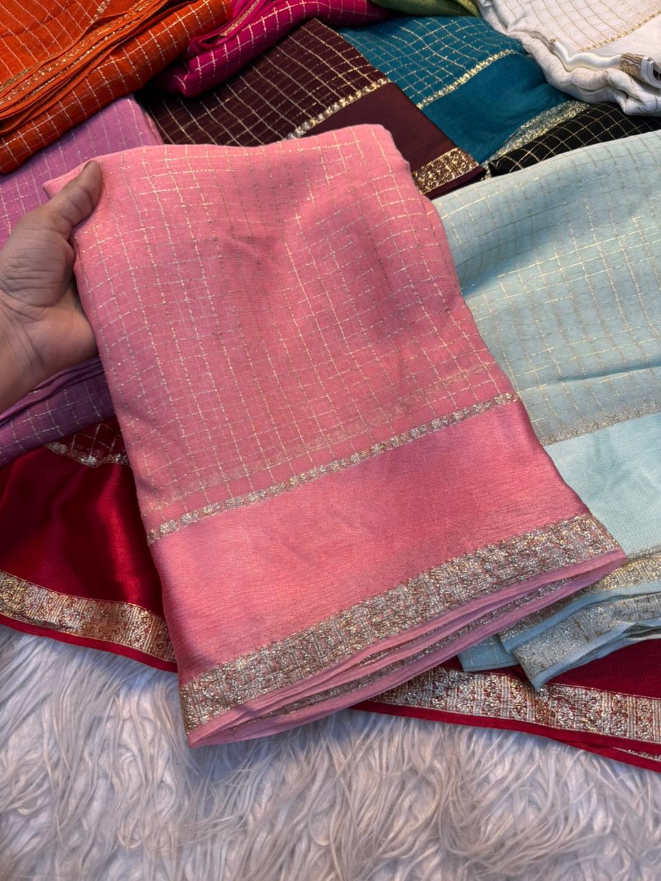 Glorious Party Wear Pure Viscose Georgette With Satin Border Small Chex Fancy Designer Saree For Women