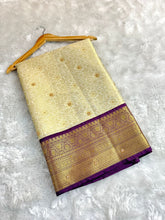Load image into Gallery viewer, Charming Wedding Wear Light Cream Colour Banarasi Tissue Silk Handstone Work Stunning Pallu n Jacquard Border Saree
