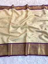 Load image into Gallery viewer, Charming Wedding Wear Light Cream Colour Banarasi Tissue Silk Handstone Work Stunning Pallu n Jacquard Border Saree
