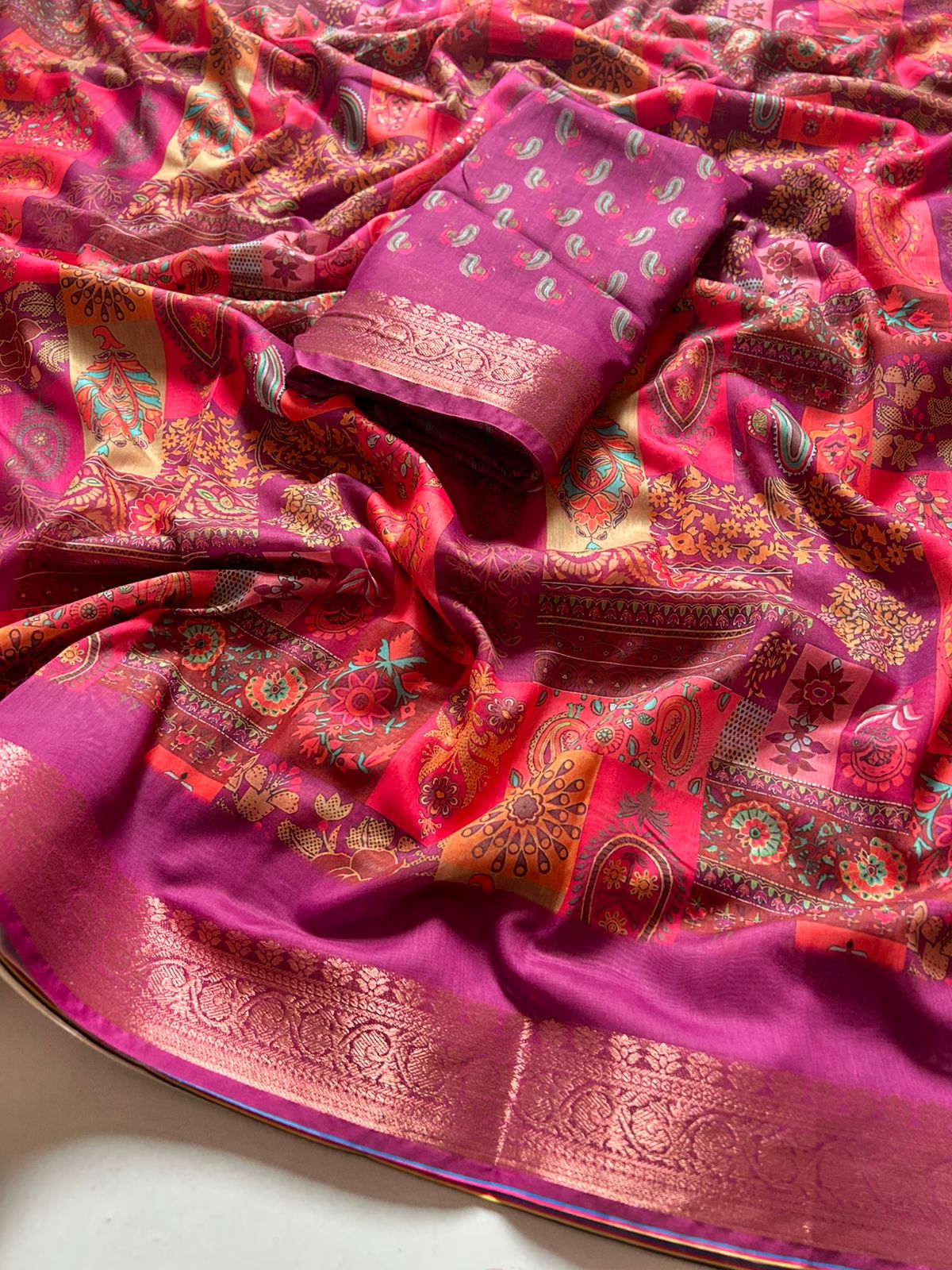Blooming Festive Wear Soft Cotton Digital Print Jacquard Border Fancy Designer Saree With Blouse Piece