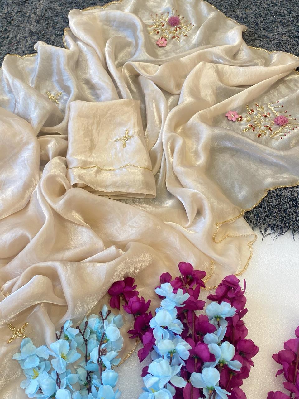 Traditional Wedding Wear Golden Colour Soft Silk Handwork Rose Butta Fancy Designer Saree For Women