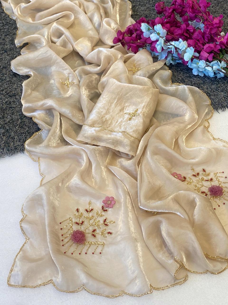 Traditional Wedding Wear Golden Colour Soft Silk Handwork Rose Butta Fancy Designer Saree For Women