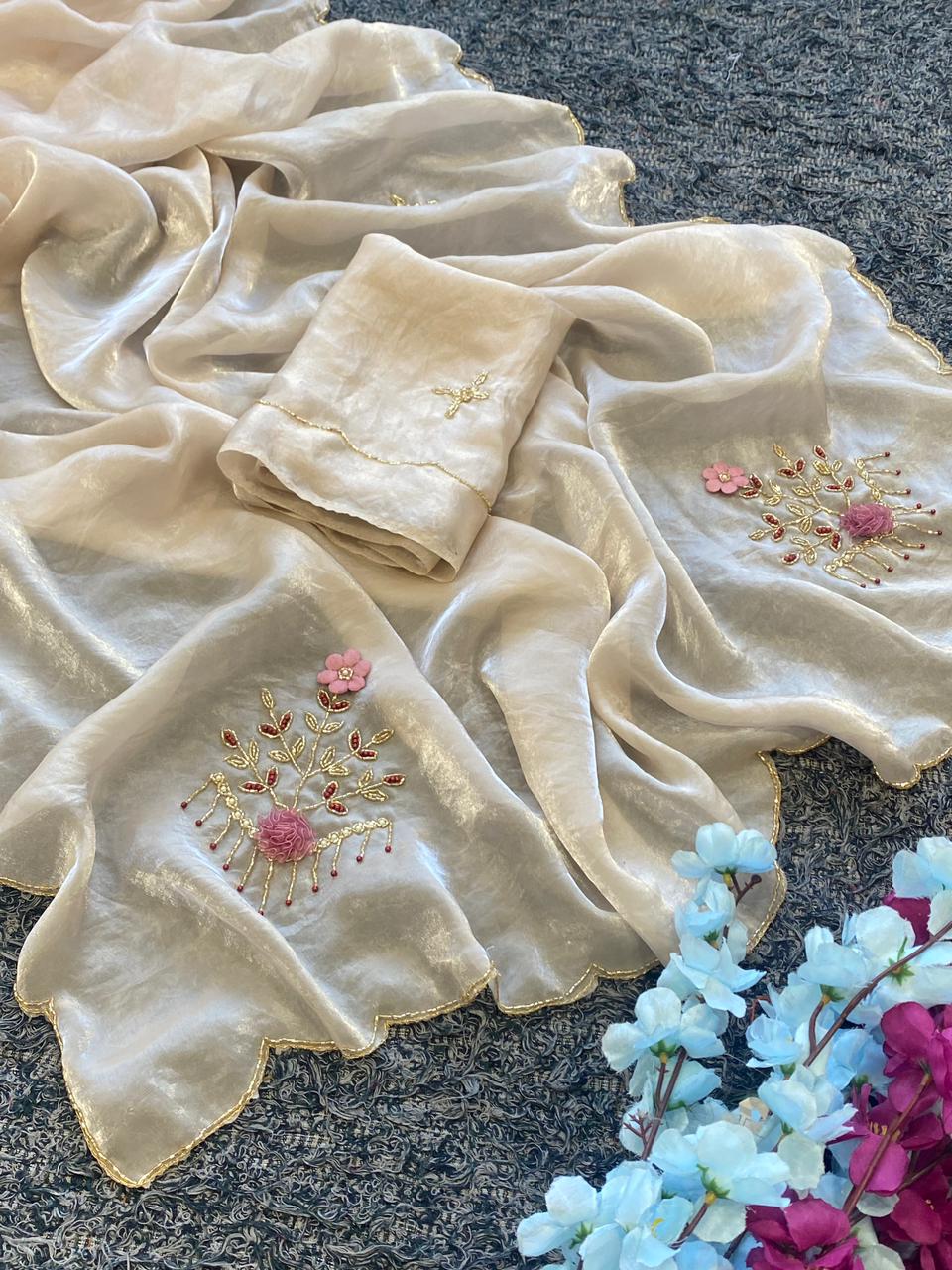 Traditional Wedding Wear Golden Colour Soft Silk Handwork Rose Butta Fancy Designer Saree For Women