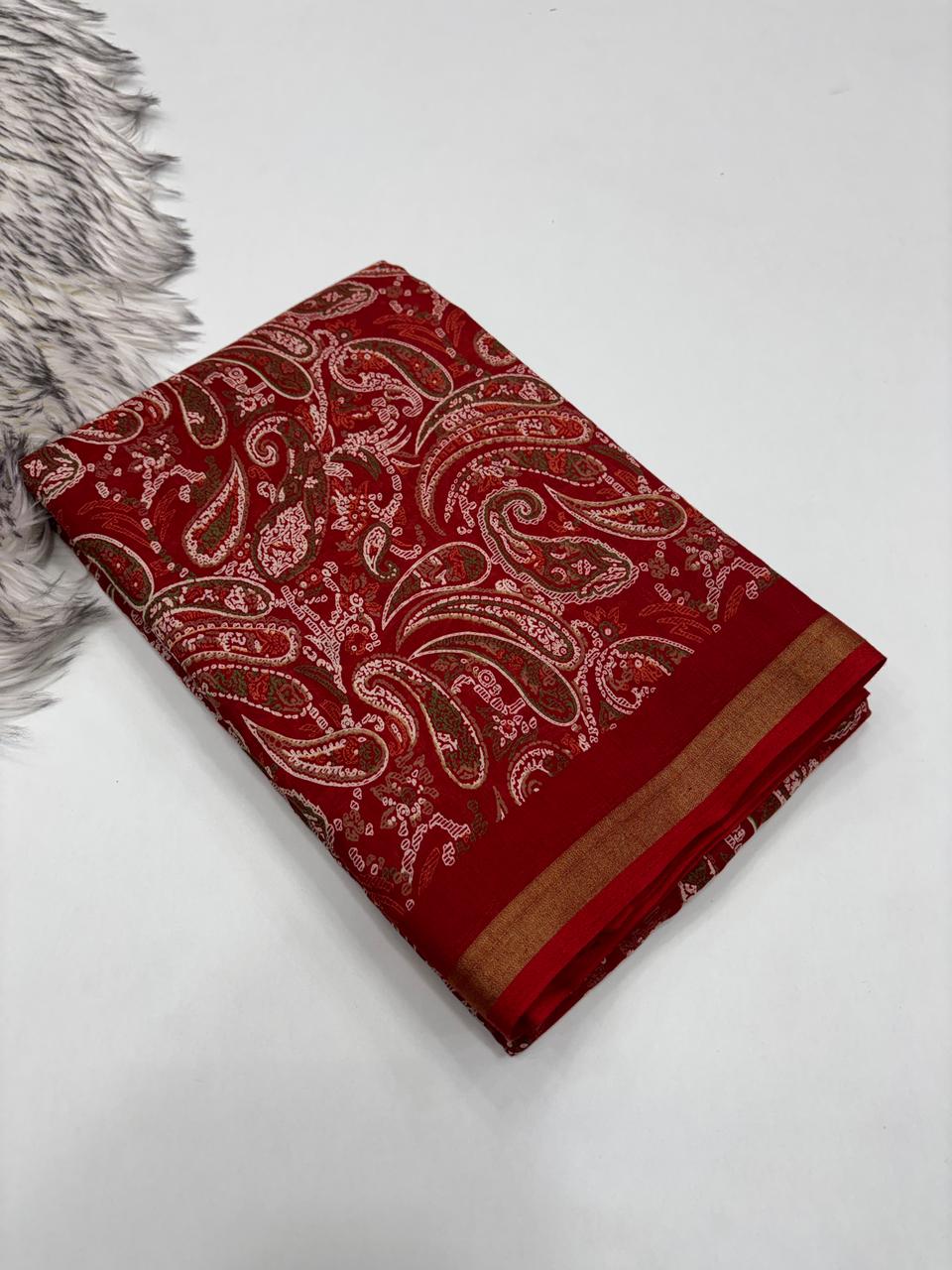 Excellent Party Wear Pure Soft Kashmiri Cotton Silk Designer Printed n Rich Pallu Saree With Blouse Piece