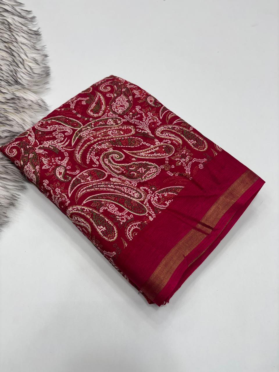 Excellent Party Wear Pure Soft Kashmiri Cotton Silk Designer Printed n Rich Pallu Saree With Blouse Piece