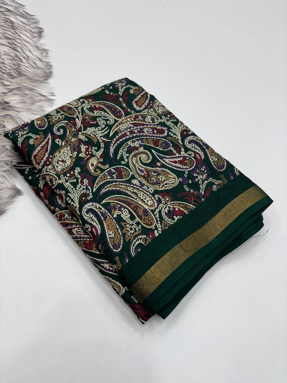 Excellent Party Wear Pure Soft Kashmiri Cotton Silk Designer Printed n Rich Pallu Saree With Blouse Piece