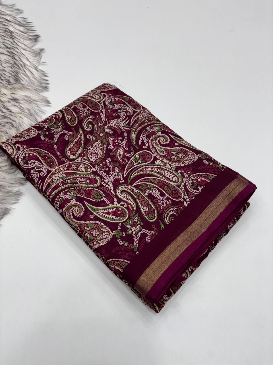Excellent Party Wear Pure Soft Kashmiri Cotton Silk Designer Printed n Rich Pallu Saree With Blouse Piece