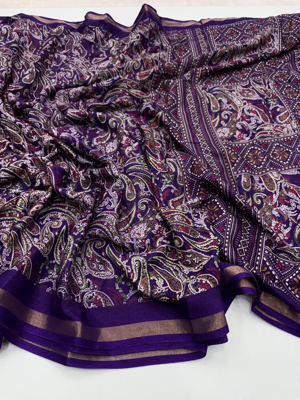 Excellent Party Wear Pure Soft Kashmiri Cotton Silk Designer Printed n Rich Pallu Saree With Blouse Piece
